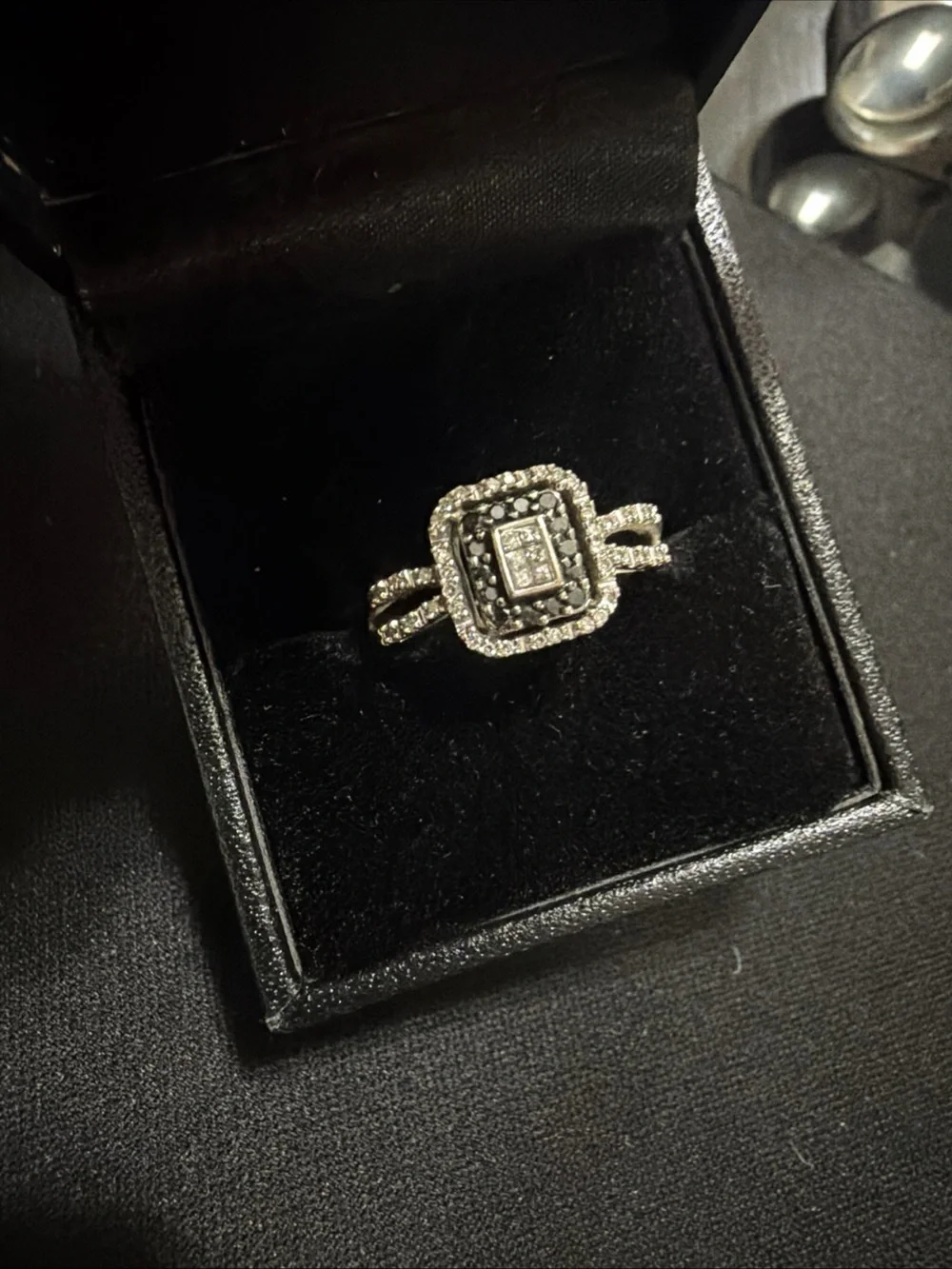 10k White Gold Natural Black And White Diamond Ring